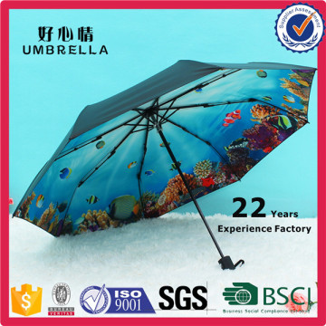 Falsche Doppelschicht wasserdichte Sonne Stock einzigartige Phantasie drucken Sie besitzen Innen Design Regenschirm 3 Falten für Studenten